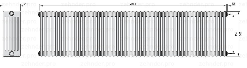 Схема (чертеж) Радиатор Zehnder Charleston 6090/49 №7610 Белый глянцевый RAL 9016